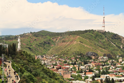 View onto the Mother of Georgia Statue, Kartlis Deda Monument overlooking Tbilisi on a day with many visitors, tourists, Tbilisi, Georgia