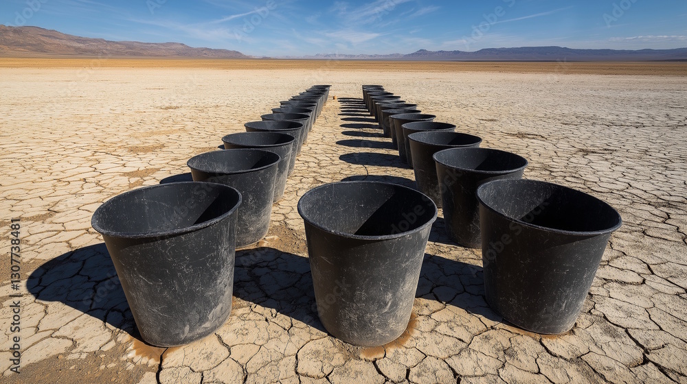 Desert water scarcity concept: row of empty buckets at desert well highlighting water conservation and environmental awareness Desert water scarcity concept: row of empty buckets at desert well highlighting water conservation and environmental awareness
