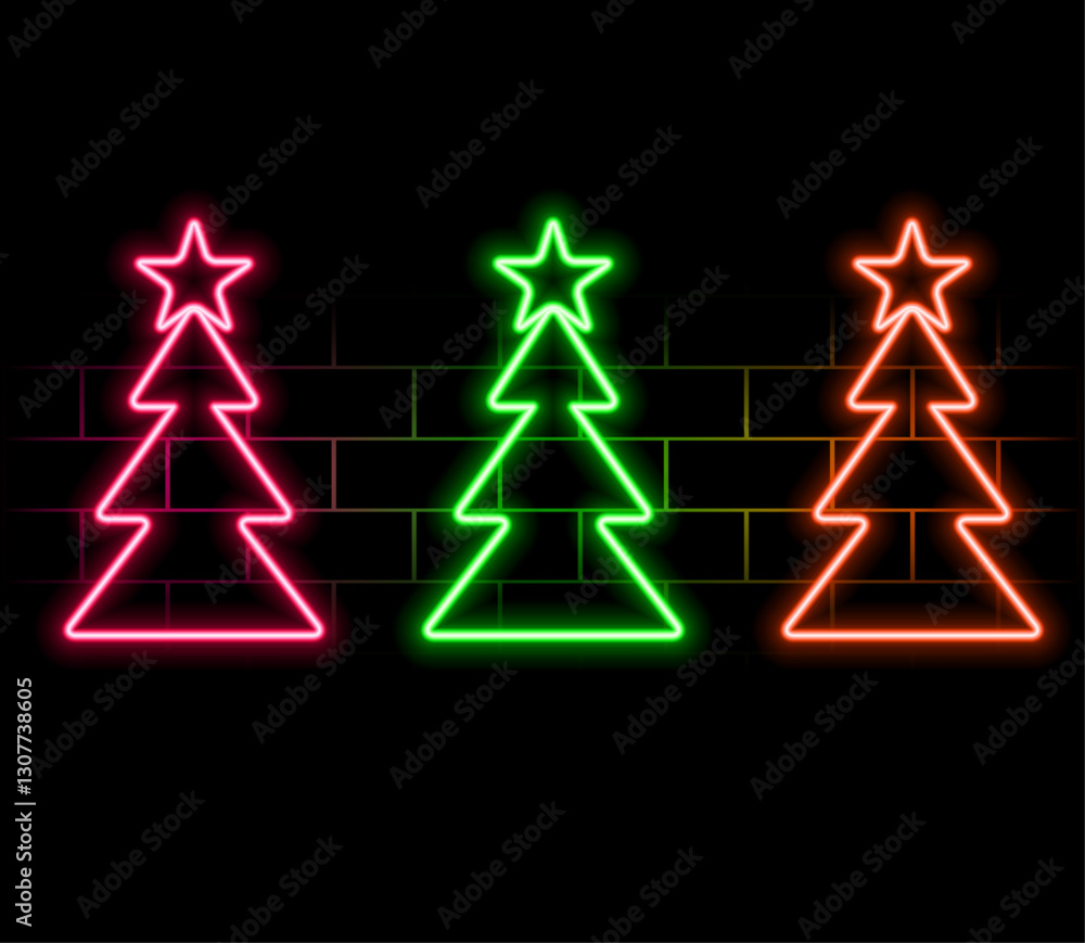 Neon green Christmas Tree shape on brick wall background. Symbol of new year and christmas. Bright shiny design..pink Neon green Christmas Tree shape on brick wall background. Symbol of new year and christmas. Bright shiny design..pink