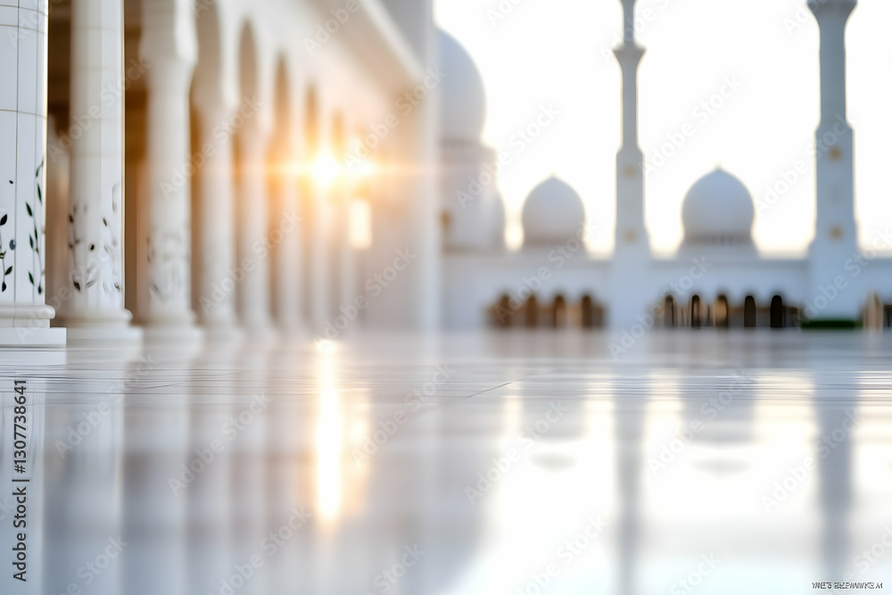 Fototapeta premium Sunlit Mosque Courtyard, UAE, Sunrise, Peaceful Reflections, Ideal for Travel Brochures