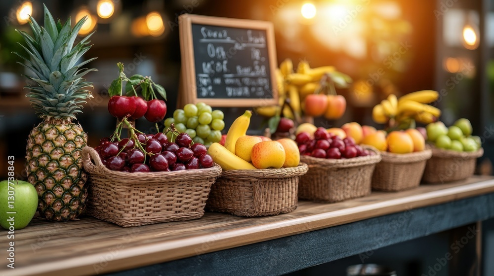 Fresh fruits displayed in baskets on a wooden counter, cafe background, menu board visible Fresh fruits displayed in baskets on a wooden counter, cafe background, menu board visible