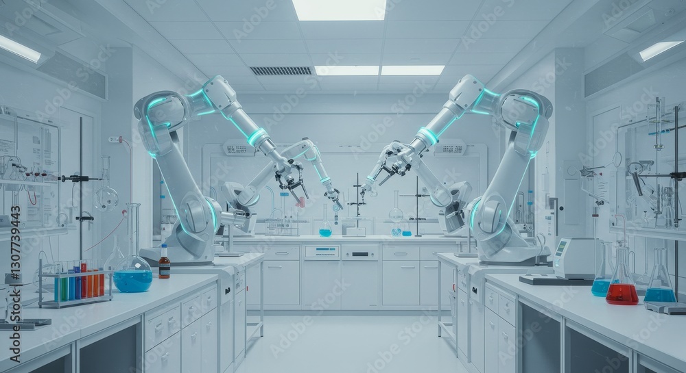 Robotic Automation in Modern Laboratory - Two robotic arms perform precise tasks in a pristine, modern laboratory setting. Clean, efficient, and technologically advanced Robotic Automation in Modern Laboratory - Two robotic arms perform precise tasks in a pristine, modern laboratory setting. Clean, efficient, and technologically advanced