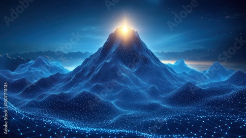 Digital mountain peak rising above connected landscape at night
