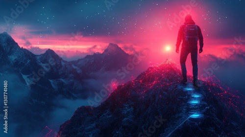 Mountaintop Stand - Dawn Ascent - Futuristic Path - Starlit Peaks