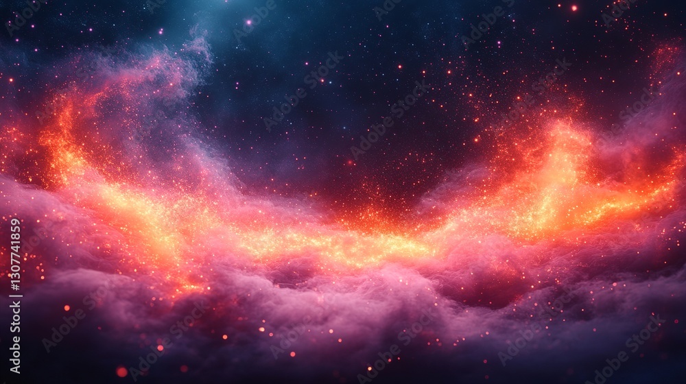 Fototapeta premium Vibrant celestial artwork showcases a nebula with orange and pink hues, set against a dark, star-filled cosmic backdrop. A space dream.