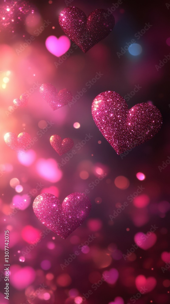 Glittering pink hearts float against a dreamy, colorful background during a romantic evening celebration Glittering pink hearts float against a dreamy, colorful background during a romantic evening celebration