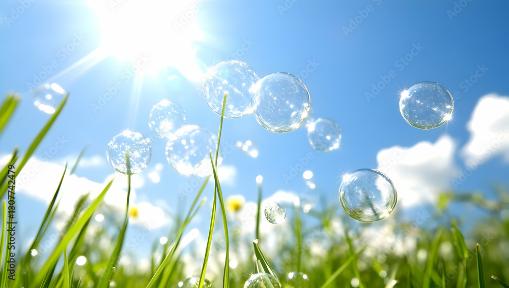 Sunny day bubbles floating over green grass and wildflowers; bright sun in a blue sky; perfect for summer, spring, or children's themes Sunny day bubbles floating over green grass and wildflowers; bright sun in a blue sky; perfect for summer, spring, or children's themes