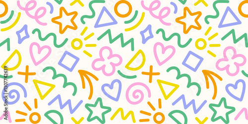 Memphis geometric seamless pattern. Cool abstract background in retro 80s, 90s style with basic shapes: star, arrow, triangle, circle, heart, flower, zigzag, spiral, wavy lines. Cute kid doodle design