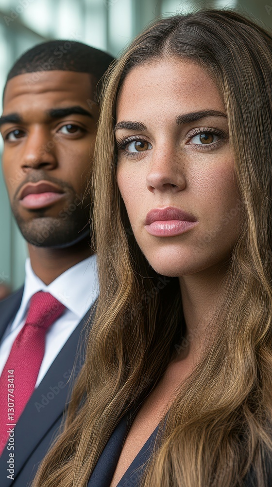 Two individuals stand side by side, exuding confidence in business attire. They are in a modern corporate environment, with natural light highlighting their features Two individuals stand side by side, exuding confidence in business attire. They are in a modern corporate environment, with natural light highlighting their features
