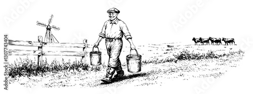 Engraved illustration of a cheerful farmer carrying milk cans while walking towards his barn, with cows grazing in the background