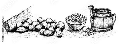 Detailed engraving showcasing almonds, a clay pot of spices, and a wooden jug arranged on a rustic table
