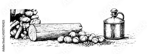 Rustic still life featuring a wooden log, eggs, and a glass bottle from a bygone era in a countryside setting
