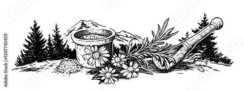 Nature's apothecary with herbs and mortar reflecting a tranquil mountain retreat
