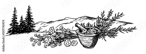 Engraved illustration of herbal elements and mountains with a mortar and pestle surrounded by wildflowers