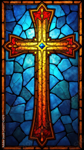 A stained glass window featuring a cross symbolizing Christianity.
