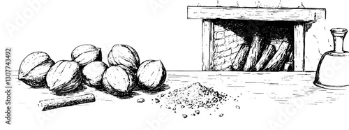 Engraved illustration of the traditional process of stone grinding in a rustic kitchen