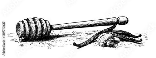 Delightful still life of honey dipper and vanilla pods on the rustic tabletop