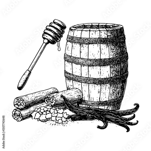 Engraved illustration of a rustic wooden barrel, honey dipper, and vanilla pods in a charming kitchen setting
