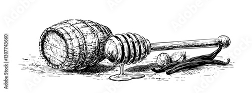 Honey drips from a wooden dipper beside a rustic barrel and vanilla pods, celebrating nature's sweet gifts in a vintage style