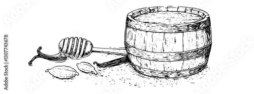 Crafting a rustic blend of honey, lemons, and spices in an engraved illustration of a wooden barrel and honey dipper