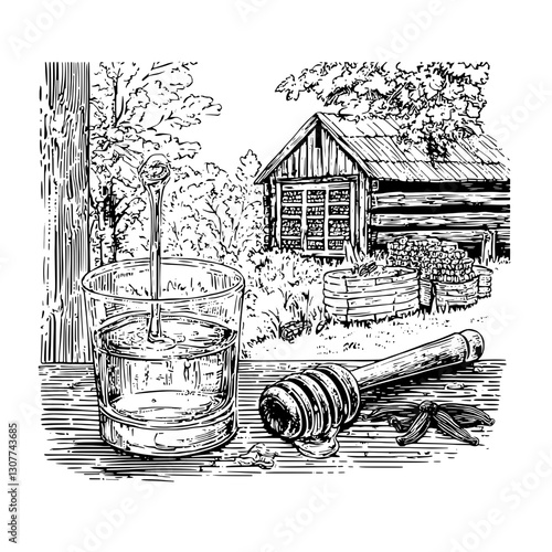 Delightful rustic retreat featuring honey and water in a tranquil garden setting near a charming wooden shed