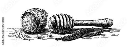Engraved illustration of traditional spices alongside a mortar and pestle, showcasing culinary artistry from a bygone era