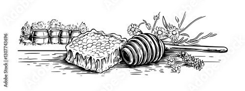 Delightful honeycomb and dipper with wildflowers near rustic barrels captured in exquisite engraved detail