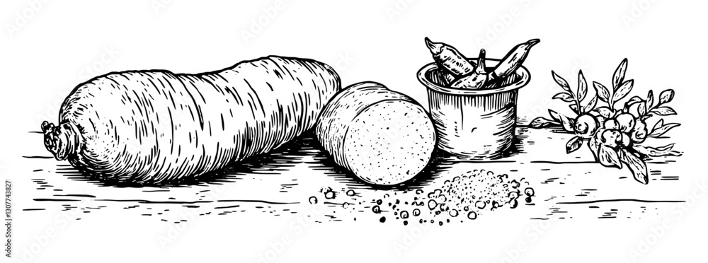 Obraz premium Engraved illustration of roots, spices, and herbs on a wooden table, showcasing natural ingredients in rustic form