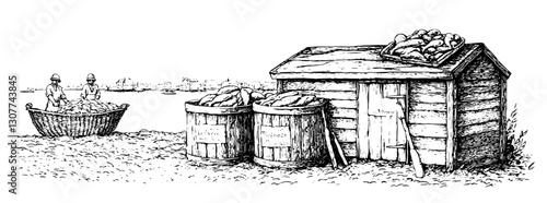 Engraved illustration depicting fishermen collecting and storing their harvest beside a rustic shed by the water