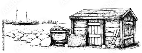 Engraved vector illustration of a seaside shed with fishing tools and boats in the distance at dusk