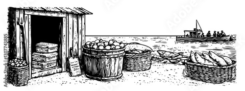 Engraved vector illustration depicting a coastal fishing village with baskets of catch and boats in the distance