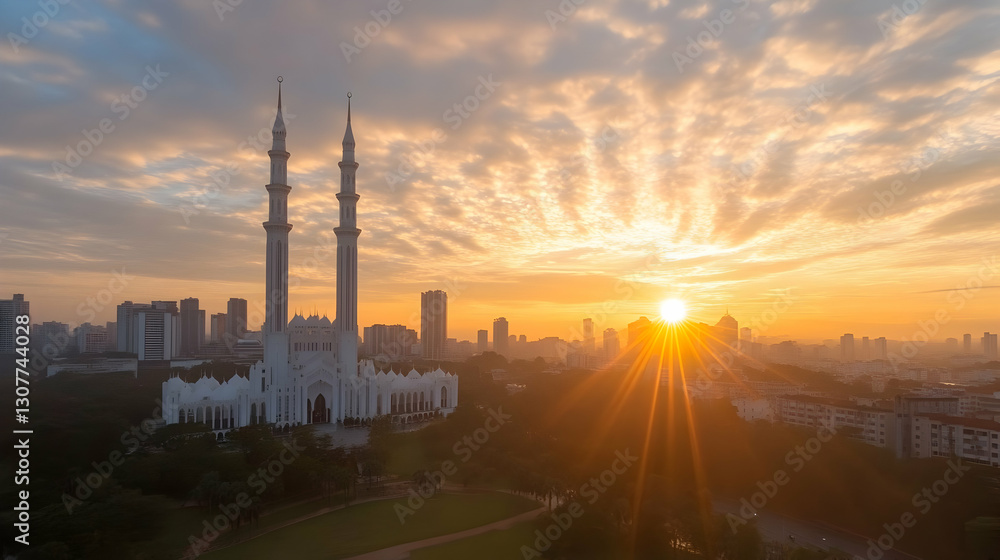 Sunrise over a majestic mosque in a modern city, showcasing a peaceful dawn scene with cityscape in the background. Ideal for travel, tourism, and religious websites Sunrise over a majestic mosque in a modern city, showcasing a peaceful dawn scene with cityscape in the background. Ideal for travel, tourism, and religious websites