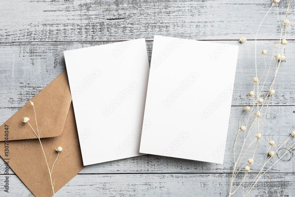 Fototapeta premium Blank wedding invitation two sides card mockup with white flax flowers decor on wooden background, top view with copy space