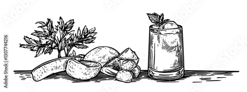 Refreshing cocktail with mint leaves and fresh fruit in a rustic setting during a sunny afternoon gathering