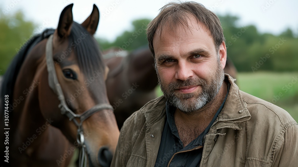Fototapeta premium A man with a beard smiles while standing beside a horse in a peaceful countryside environment. The landscape features green foliage, enhancing the tranquil atmosphere