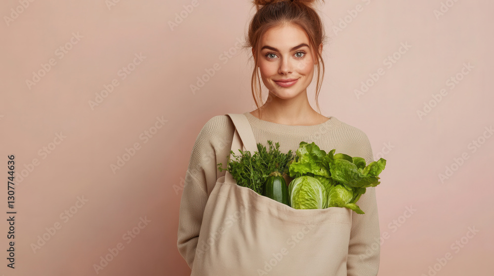 Young caucasian female holding eco-friendly bag with fresh vegetables Young caucasian female holding eco-friendly bag with fresh vegetables