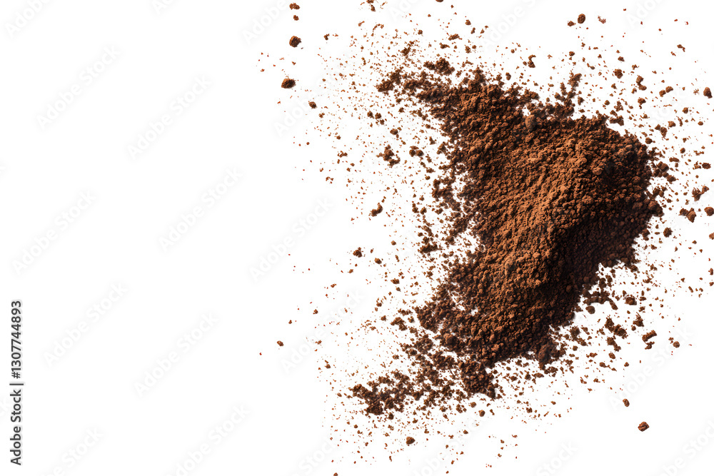 Pile powder, instant coffee scattered kept on white or transparent background, top view Pile powder, instant coffee scattered kept on white or transparent background, top view