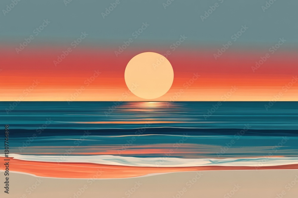 Obraz premium Serene sunset over calm ocean waves, painting-like illustration.