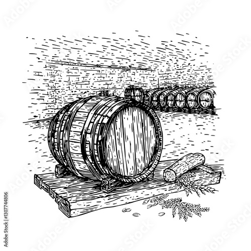 Engraved illustration of a rustic wine cellar showcasing wooden barrels and natural elements of wine production