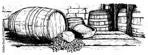 Detailed engraving of rustic barrels and grains in a charming wooden cellar set in a bygone era