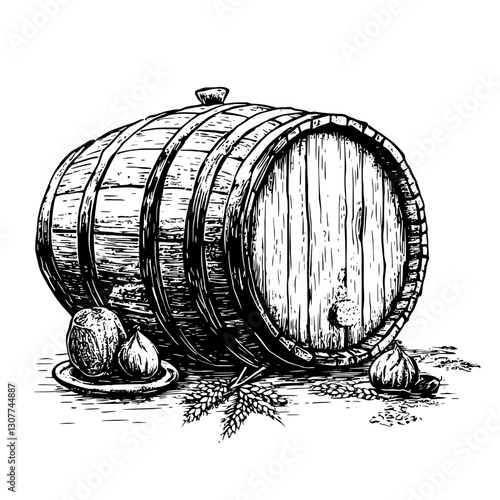 Engraved illustration of a rustic wooden barrel surrounded by fresh produce and natural elements