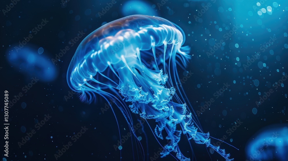 Fototapeta premium Bioluminescent Jellyfish Glowing in Deep Sea Symbolizing Futuristic Design and Innovation