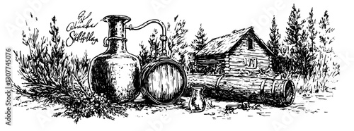 Engraved rustic landscape displaying vintage distilling equipment near a timber cabin surrounded by lush greenery