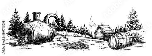 Historical distillation scene featuring a pot still, wooden barrel, and rustic cabin in a serene forest setting