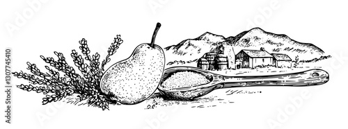 Natural harvest of sweet mangoes and sugar set against a rustic farmhouse and mountain backdrop in a serene countryside