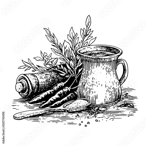 Rustic kitchen still life with antique jug, fresh herbs, and vintage utensils capturing culinary artistry