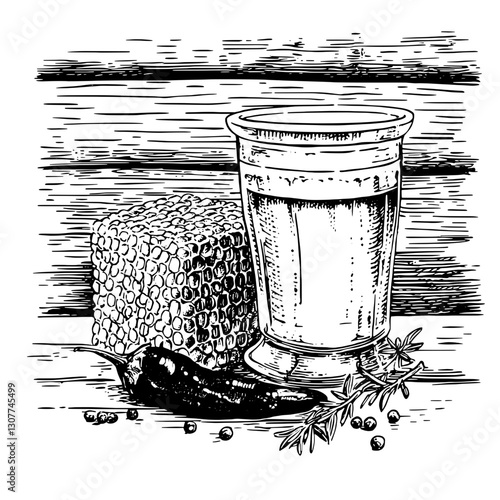 Engraved illustration capturing a rustic still life of honeycomb, a glass of beverage, and spices on a wooden table