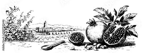 Engraved illustration showcasing a bountiful papaya harvest with a serene landscape in the background