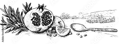Exquisite engraved illustration of a pomegranate and lemon with ancient landscape in the background, highlighting nature's bounty