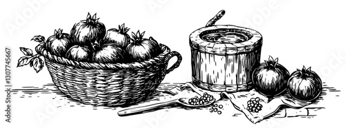Engraved illustration of a basket full of pomegranates with a wooden juicer and seeds on a cloth